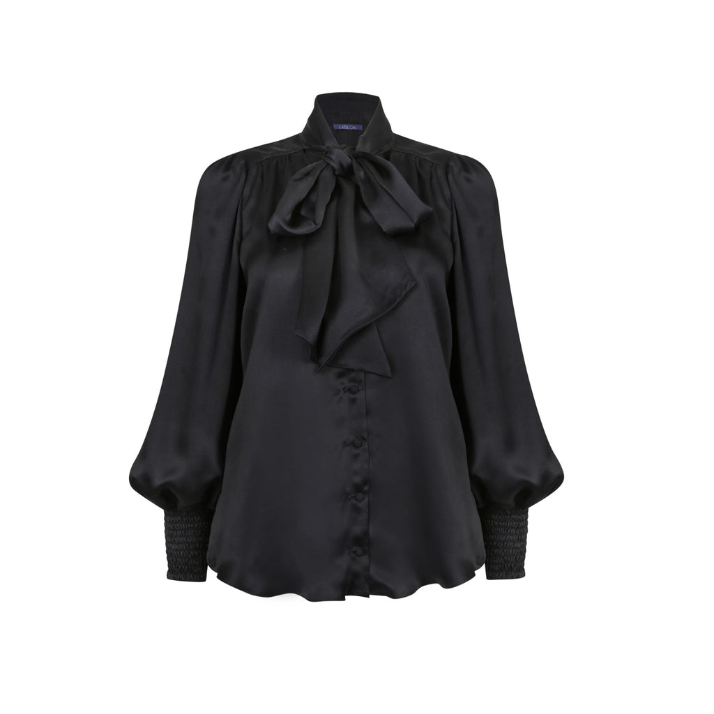Linda Pussy Bow Silk Shirt - Black - Leblon London Ltd