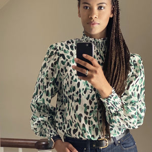 Kiara Airy Cotton Top - Printed Green - Leblon London Ltd